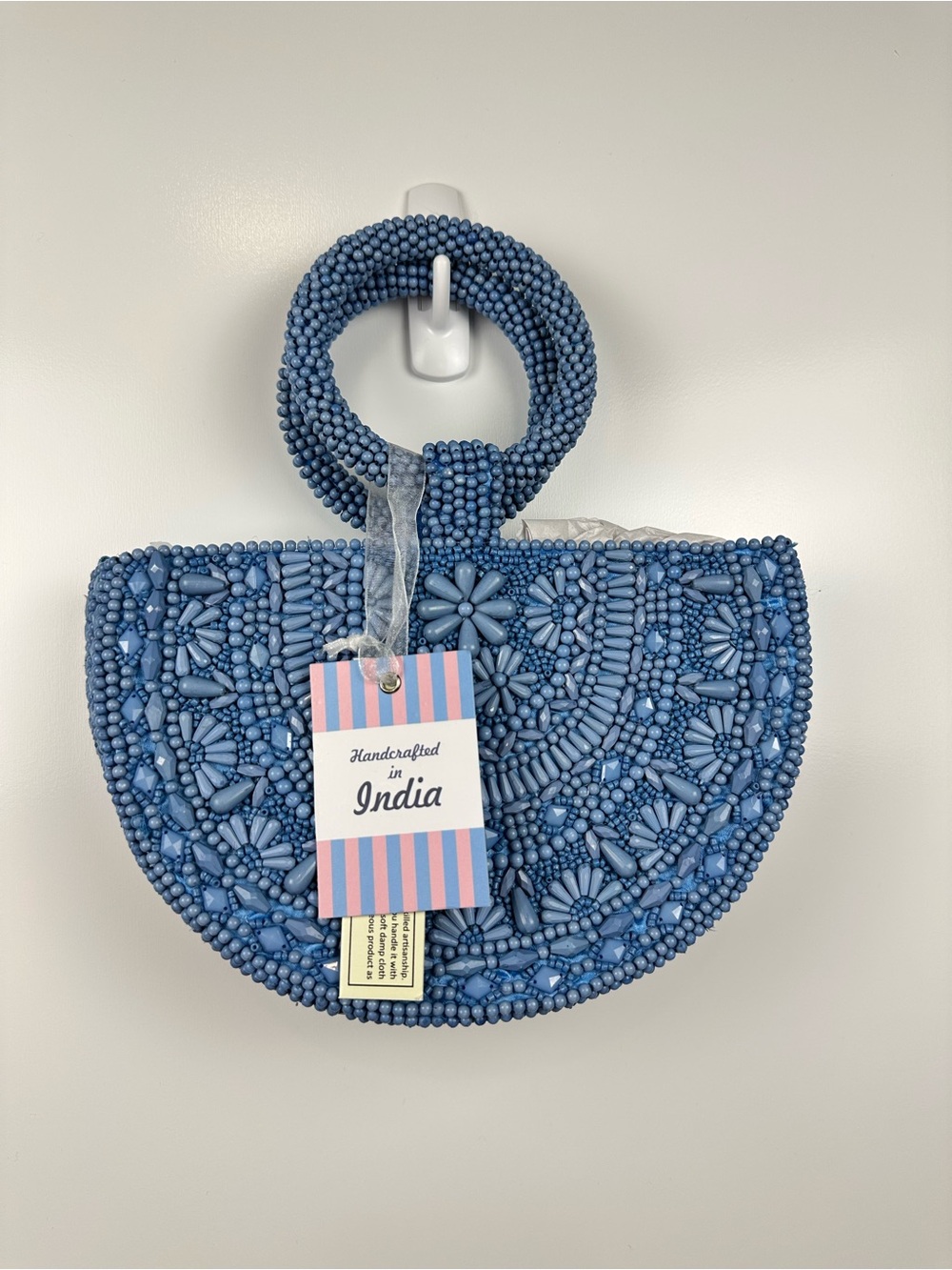 New Viral Blue Beaded Bag Purse Top Handle Crossbody Chain Floral Crescent India